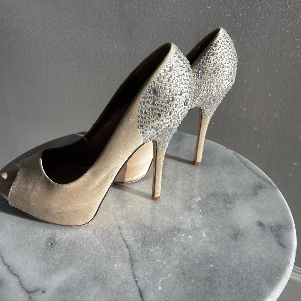Aldo Champagne Rhinestone Peep-Toe Heels